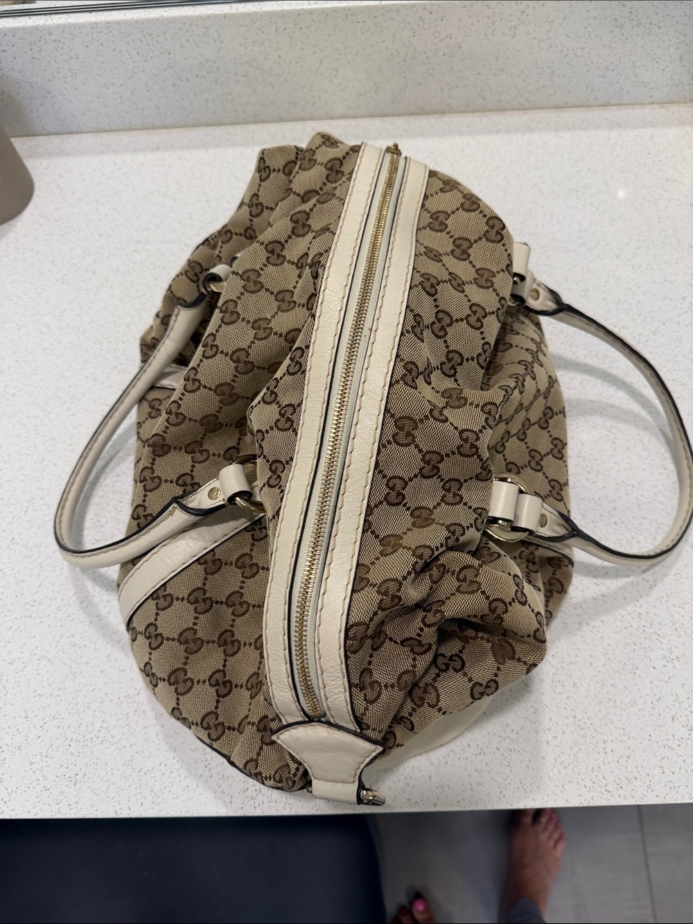 Gucci Beige Monogram Shoulder Hobo Bag with Cream Trim and Gold Hardware - Picture 4 of 6